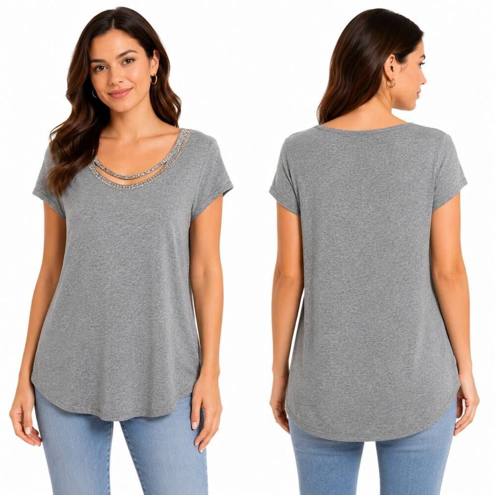 Ann Taylor Loft Gray Embellished Neck Tee Small